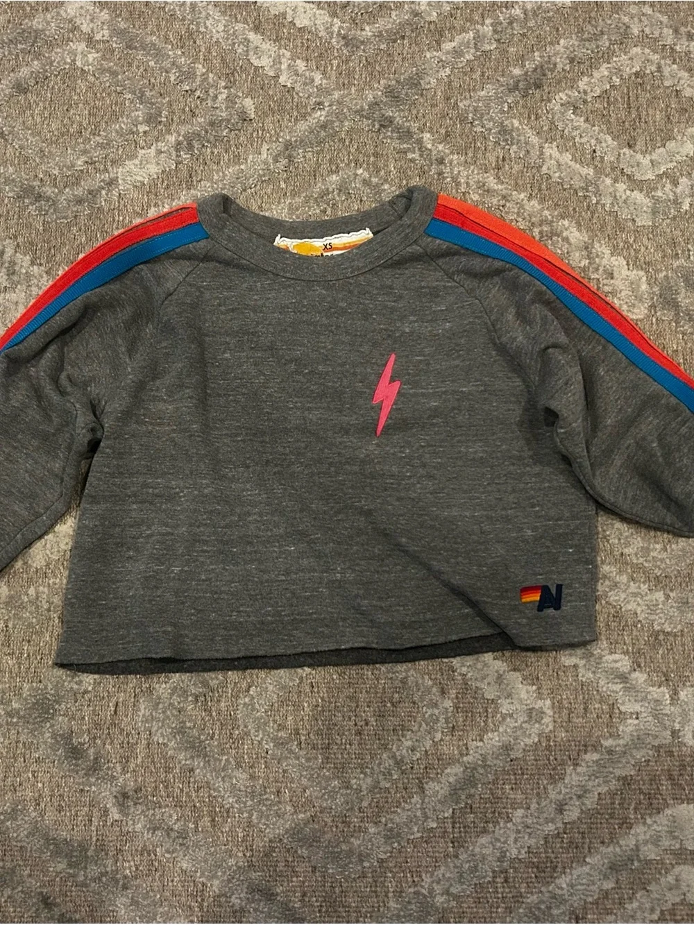 Aviator Nation Women’s cropped Charcoal Crewneck Sweatshirt with neon Stripes